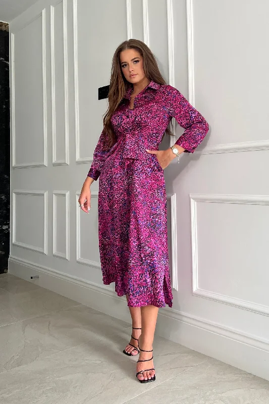 Midi dresses with cotton - blend materials for everyday comfortIsabella Purple Animal Tie Front Shirt Dress Midi dresses with cotton - blend materials for everyday comfortIsabella Purple Animal Tie Front Shirt Dress