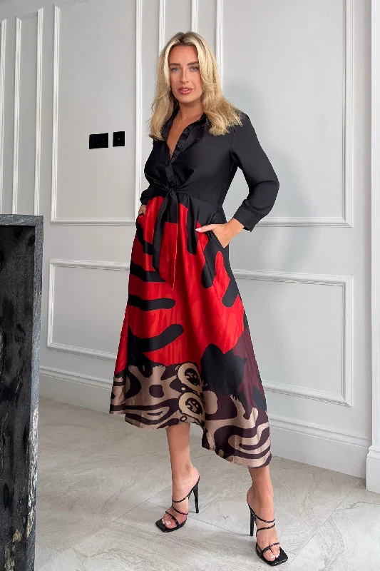 Midi dresses with ruched bodices for a feminine and fitted feelIsabella Red Leaf Tie Front Shirt Dress Midi dresses with ruched bodices for a feminine and fitted feelIsabella Red Leaf Tie Front Shirt Dress