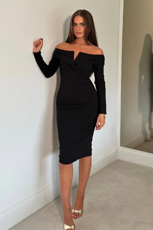 Maxi - inspired midi dresses with flowing fabrics for a beachy vibeLayla Off The Shoulder Twist Detail Midi Dress Black Maxi - inspired midi dresses with flowing fabrics for a beachy vibeLayla Off The Shoulder Twist Detail Midi Dress Black