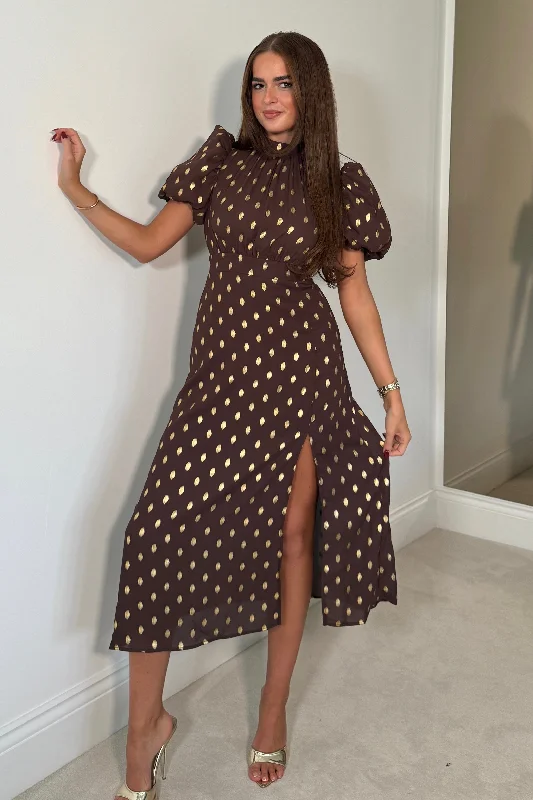 Midi dresses with lace - up fronts for a unique and adjustable styleLilith Brown & Gold Puff Sleeve High Neck Midi Dress Midi dresses with lace - up fronts for a unique and adjustable styleLilith Brown & Gold Puff Sleeve High Neck Midi Dress