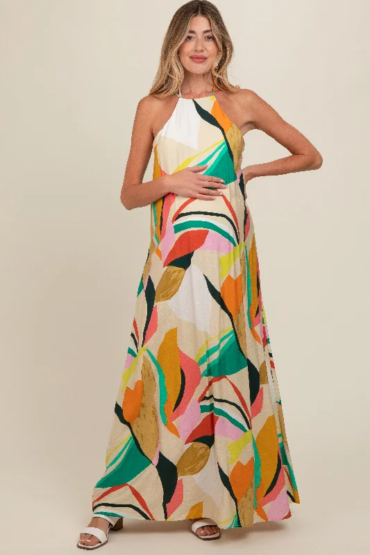 Midi dresses with one - shoulder designs for a modern and asymmetric styleMulticolor Abstract Print Halter Maternity Maxi Dress Midi dresses with one - shoulder designs for a modern and asymmetric styleMulticolor Abstract Print Halter Maternity Maxi Dress