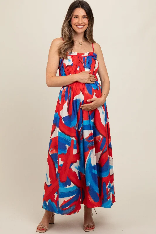 Midi dresses with ribbed textures for a unique and tactile appearanceRed Pleated Binding Brushed Print Maternity Maxi Dress Midi dresses with ribbed textures for a unique and tactile appearanceRed Pleated Binding Brushed Print Maternity Maxi Dress