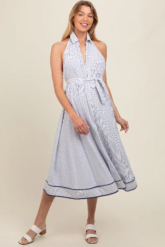 Midi dresses with ruffled sleeves for a more feminine and voluminous lookWhite Striped Halter Maternity Midi Shirt Dress Midi dresses with ruffled sleeves for a more feminine and voluminous lookWhite Striped Halter Maternity Midi Shirt Dress