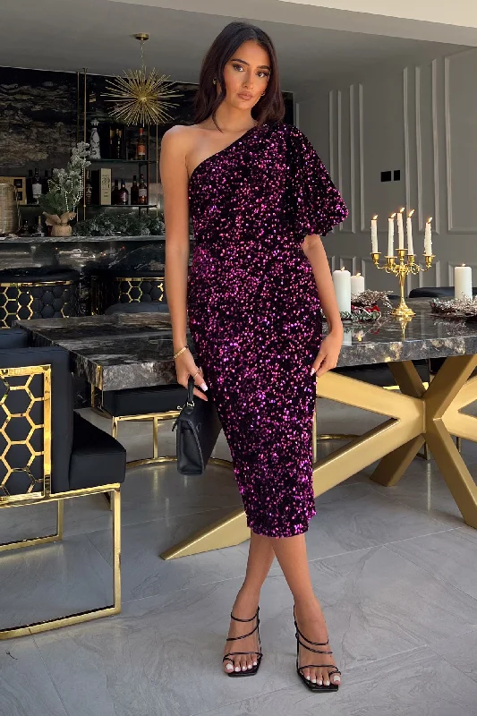 Midi dresses with pleated skirts for a timeless and elegant appealWillow Purple Velvet Sequin One Shoulder Midi Dress Midi dresses with pleated skirts for a timeless and elegant appealWillow Purple Velvet Sequin One Shoulder Midi Dress