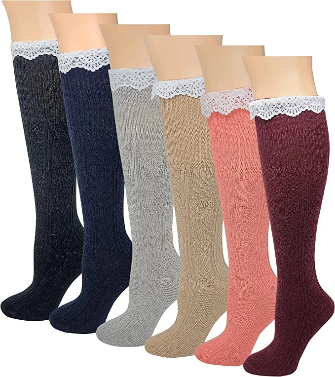 Women's nylon - reinforced socks for durabilityKnee High Boot Socks | Cable Knit Assorted Color with Lace | Womens (6 pairs) Women's nylon - reinforced socks for durabilityKnee High Boot Socks | Cable Knit Assorted Color with Lace | Womens (6 pairs)