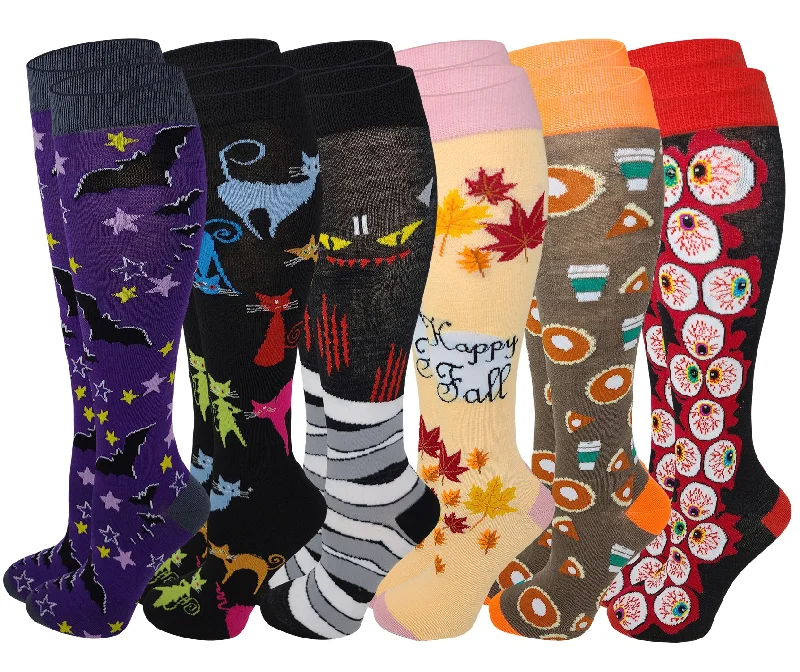 Women's spandex - infused socks for stretchKnee High Socks | Halloween Fall Fancy Design | Womens (6 Pairs) Women's spandex - infused socks for stretchKnee High Socks | Halloween Fall Fancy Design | Womens (6 Pairs)