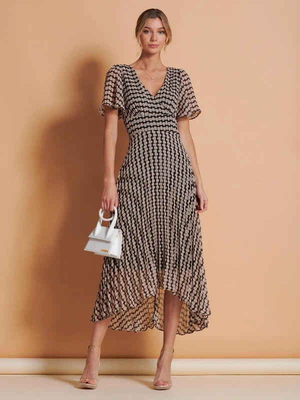 Ruffled maxi dresses with a tiered skirt for added volumeAngel Sleeve Pleated Chiffon Maxi Dress, Stone/Black Ruffled maxi dresses with a tiered skirt for added volumeAngel Sleeve Pleated Chiffon Maxi Dress, Stone/Black