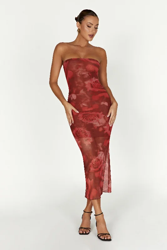 Maxi dresses with embroidered floral motifs for a unique designAphrodite Strapless Mesh Dress - Oversized Rose Print Maxi dresses with embroidered floral motifs for a unique designAphrodite Strapless Mesh Dress - Oversized Rose Print