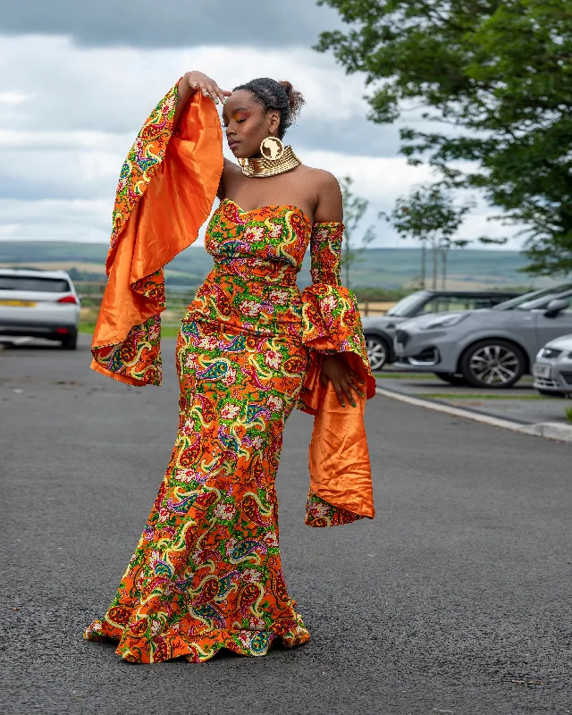 Velvet maxi dresses with long sleeves for winter weddingsBonnie Ankara Maxi Dress | Orange African Print Velvet maxi dresses with long sleeves for winter weddingsBonnie Ankara Maxi Dress | Orange African Print
