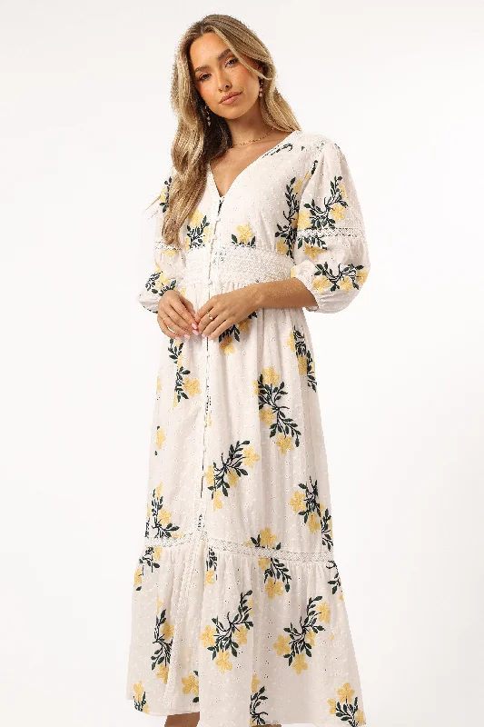Maxi dresses with balloon sleeves for a vintage - inspired styleChristie Maxi Dress - White Yellow Floral Maxi dresses with balloon sleeves for a vintage - inspired styleChristie Maxi Dress - White Yellow Floral