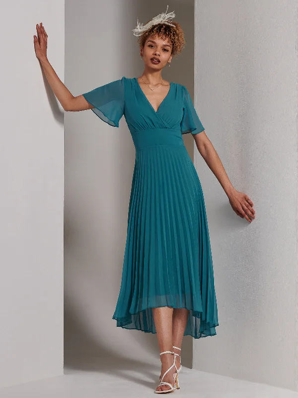 Floral print maxi dresses for summer garden partiesElene Pleated High Low Chiffon Maxi Dress, Teal Floral print maxi dresses for summer garden partiesElene Pleated High Low Chiffon Maxi Dress, Teal