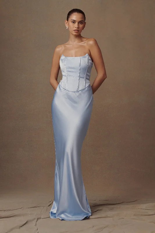 Sheer maxi dresses with lace overlays for a romantic touchHarlow Satin Strapless Maxi Dress - Cornflower Blue Sheer maxi dresses with lace overlays for a romantic touchHarlow Satin Strapless Maxi Dress - Cornflower Blue