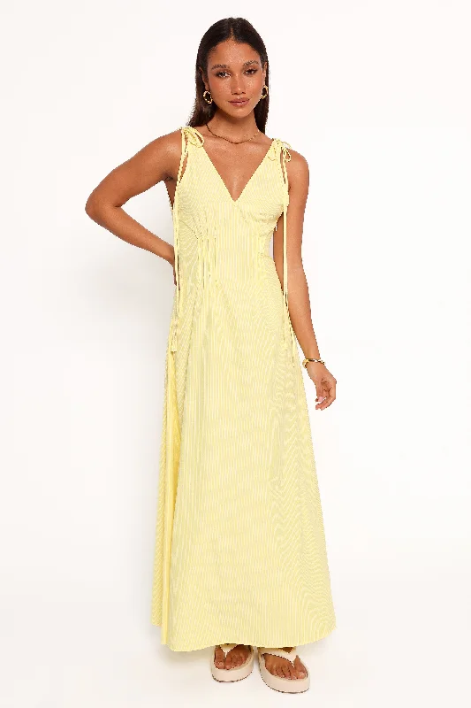 Maxi dresses with a button - down front for a classic lookJaynie Maxi Dress - Yellow Stripe Maxi dresses with a button - down front for a classic lookJaynie Maxi Dress - Yellow Stripe