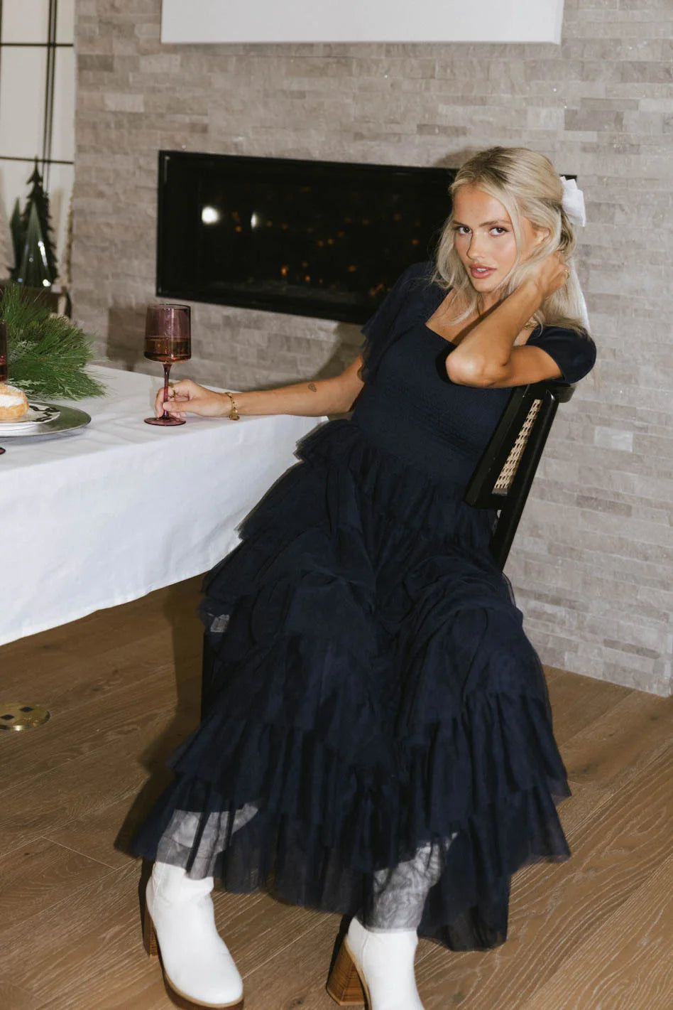 Maxi dresses with fringe trim for a bohemian vibeMia Tulle Maxi Dress in Navy