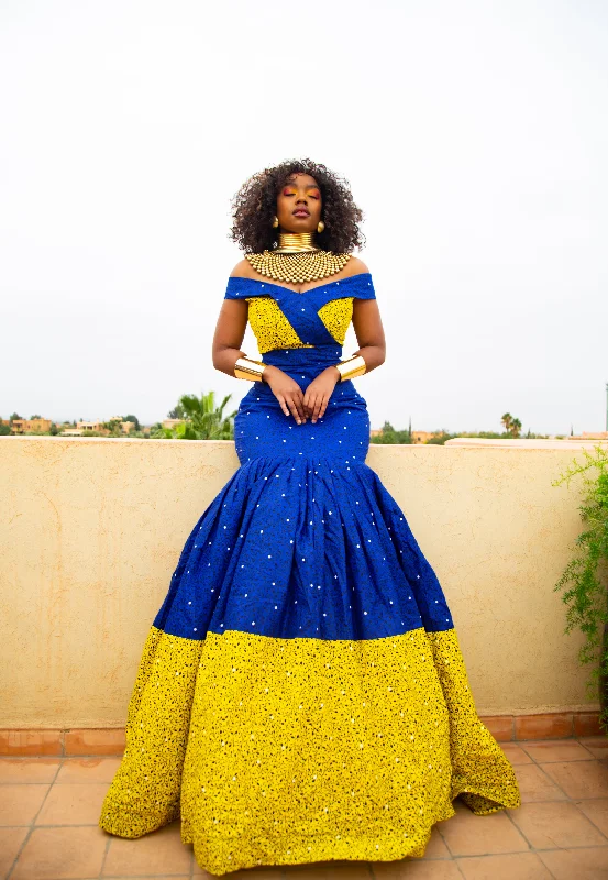Maxi dresses with a pleated skirt for a timeless and elegant appearanceRabia Ankara Maxi Dress | Blue and Yellow African Print Maxi dresses with a pleated skirt for a timeless and elegant appearanceRabia Ankara Maxi Dress | Blue and Yellow African Print