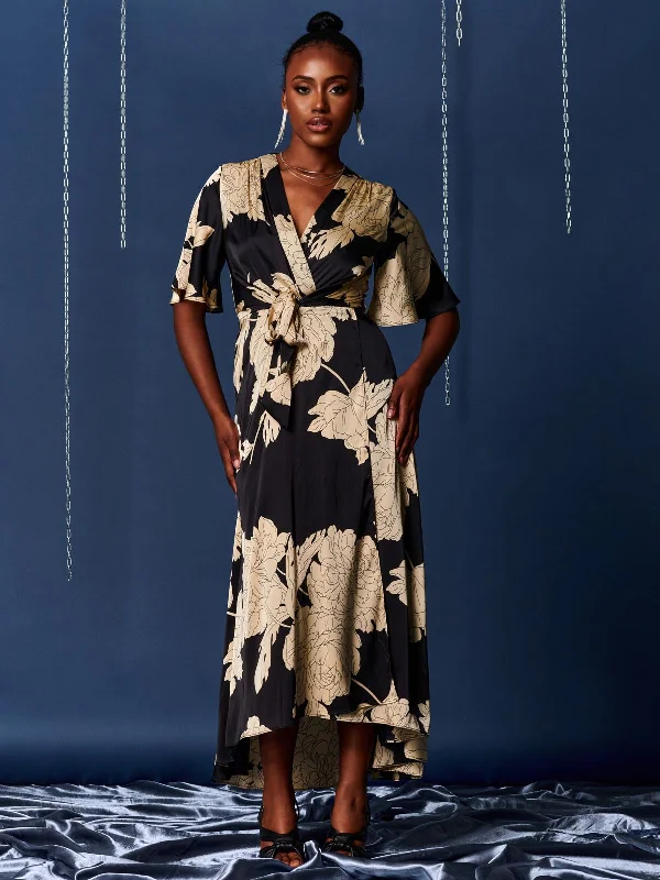Maxi dresses with geometric prints for a contemporary aestheticWillow Satin Wrap Tie Waist Dress, Black/White Maxi dresses with geometric prints for a contemporary aestheticWillow Satin Wrap Tie Waist Dress, Black/White