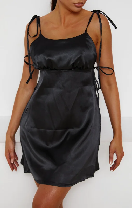 Mini dresses with wrap - around stylesBlack Satin Ruched Bust Tie Detail Mini Dress - Azaria Mini dresses with wrap - around stylesBlack Satin Ruched Bust Tie Detail Mini Dress - Azaria