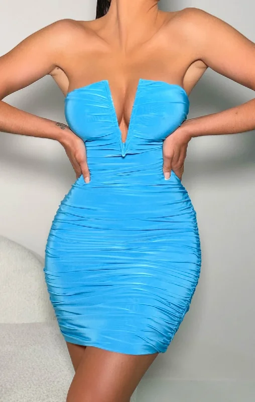 Mini dresses with V - necklines for a flattering shapeBlue V Neck Ruched Bodycon Mini Dress - Kori Mini dresses with V - necklines for a flattering shapeBlue V Neck Ruched Bodycon Mini Dress - Kori