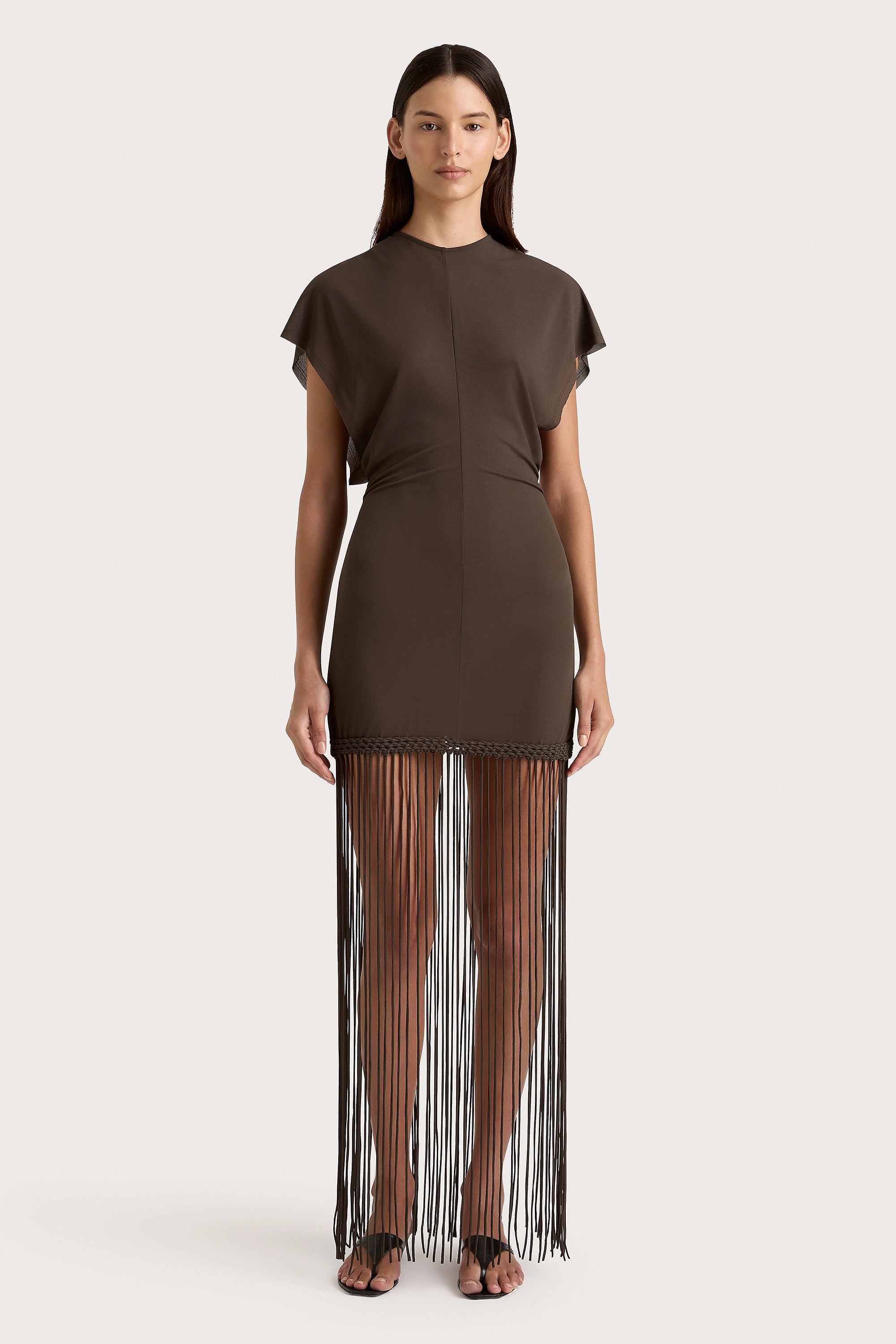 Mini dresses with keyhole necklinesBrita Fringe Dress Chocolate Brown