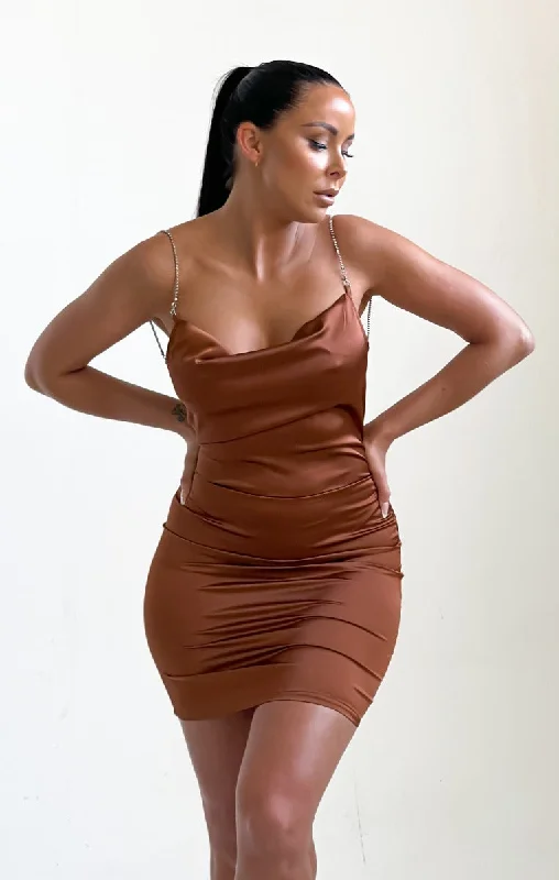 Leather mini dresses for a edgy styleChocolate Satin Cross Over Back Diamante Mini Dress - Eva