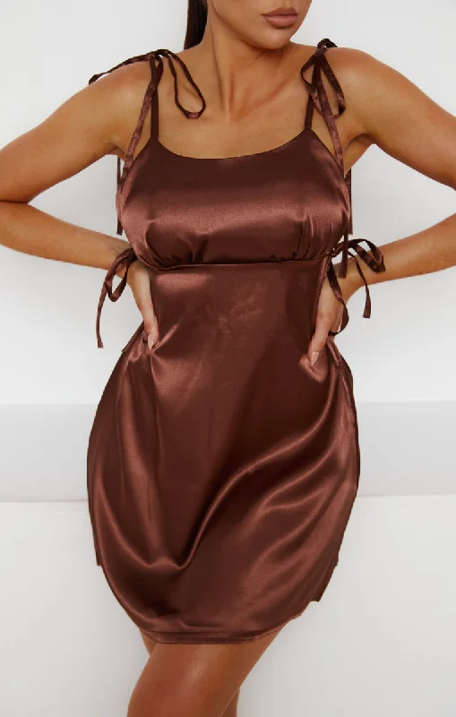Mini dresses with embroidered details for a unique touchChocolate Satin Ruched Bust Tie Detail Mini Dress - Azaria