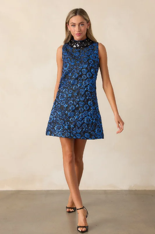 Satin mini dresses for a luxurious feelGlistening Skies Midnight Blue Floral Jacquard Mini Dress Satin mini dresses for a luxurious feelGlistening Skies Midnight Blue Floral Jacquard Mini Dress