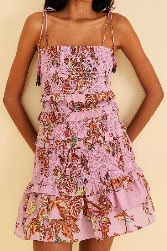 Sheer mini dresses with lace insertsLilac Floral Monkey Smocked Mini Dress