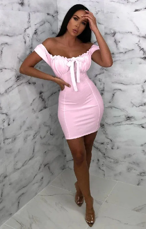 Mini dresses with ruched bodices for a feminine touchPink Milkmaid Bardot Bodycon Mini Dress - Jett