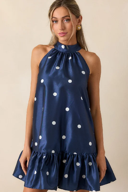 Mini dresses with pocket details for added functionalitySweet Soirée Navy Halter Polka Dot Mini Dress Mini dresses with pocket details for added functionalitySweet Soirée Navy Halter Polka Dot Mini Dress