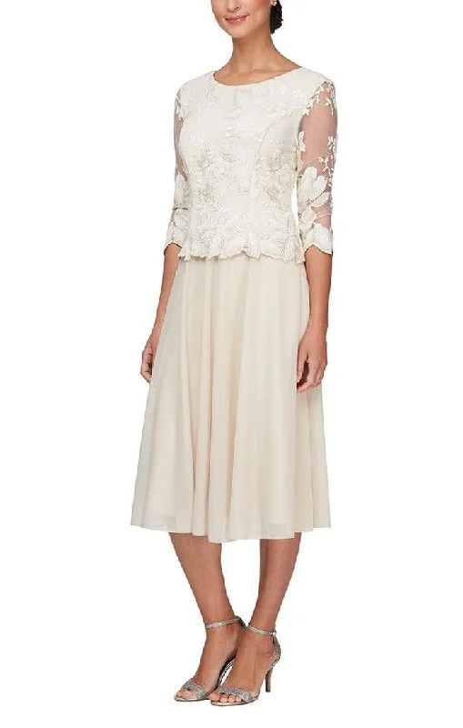 Wedding guest dresses with tassel - adorned belts and A - line skirtsAlex Evenings - 81122420 Embroidered Quarter Sleeves A-Line Dress