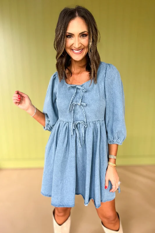 Polyester mini dresses for easy careDenim Square Neck 3/4 Sleeve Front Bow Detail Dress Polyester mini dresses for easy careDenim Square Neck 3/4 Sleeve Front Bow Detail Dress