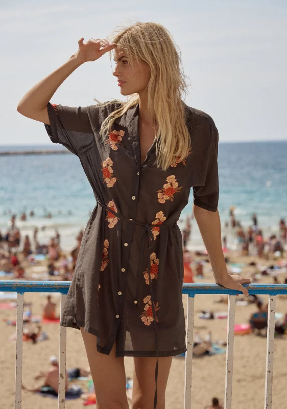 Sheer mini dresses with lace insertsEmbroidered Rose Shirt Mini Dress
