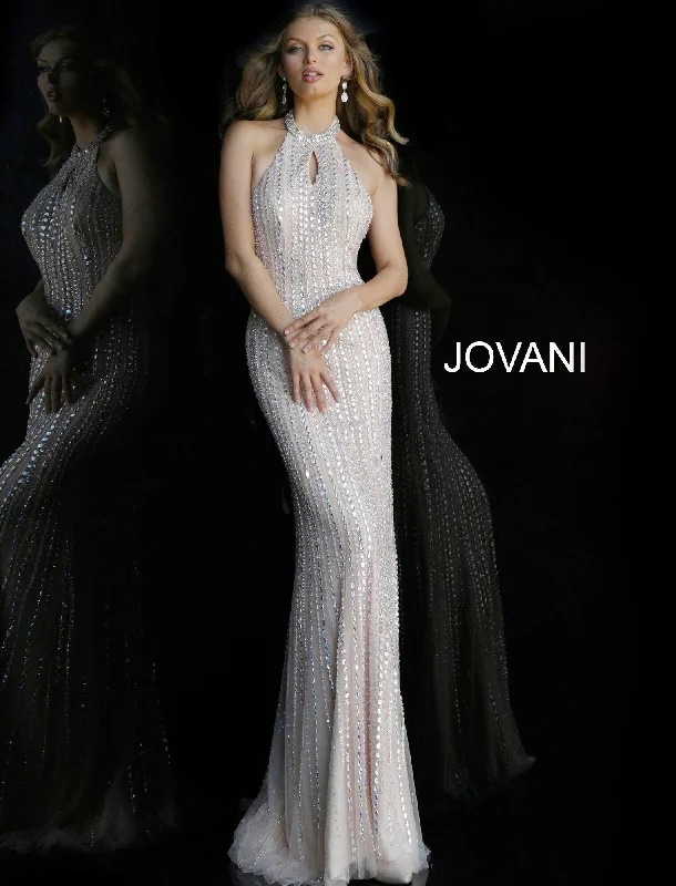 Asymmetric - hem wedding guest dresses in metallic huesJovani 60302 Halter Neck Backless Jewel Long Evening Dress Asymmetric - hem wedding guest dresses in metallic huesJovani 60302 Halter Neck Backless Jewel Long Evening Dress