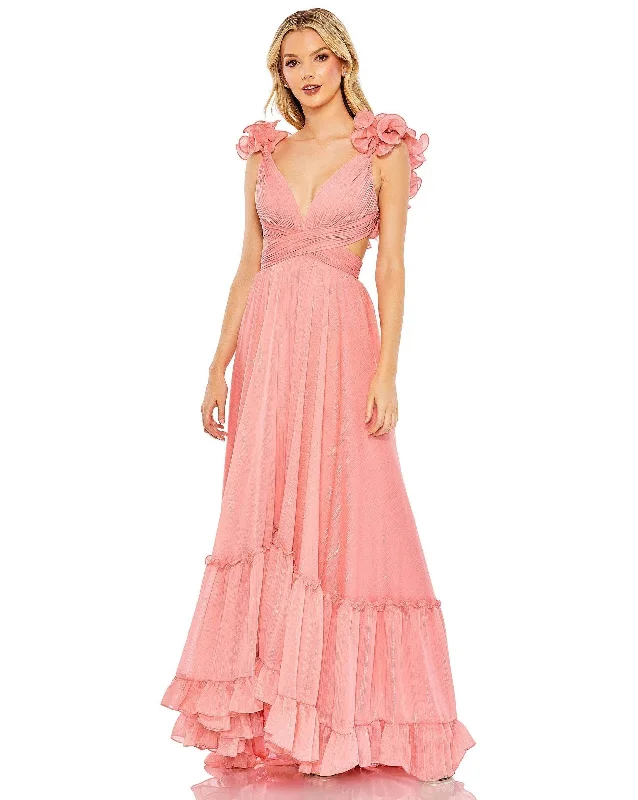 Lace - trimmed wedding guest dresses in blush pinkMac Duggal 68094 Long Formal Pleated Chiffon Gown