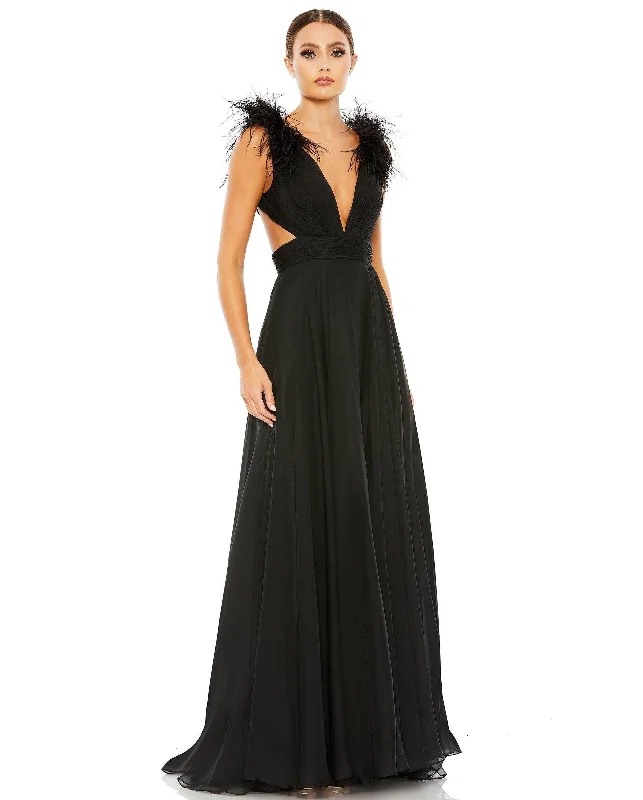 Wedding guest dresses with ruched bodices and spaghetti strapsMac Duggal 68113 Prom Long Formal Chiffon Dress