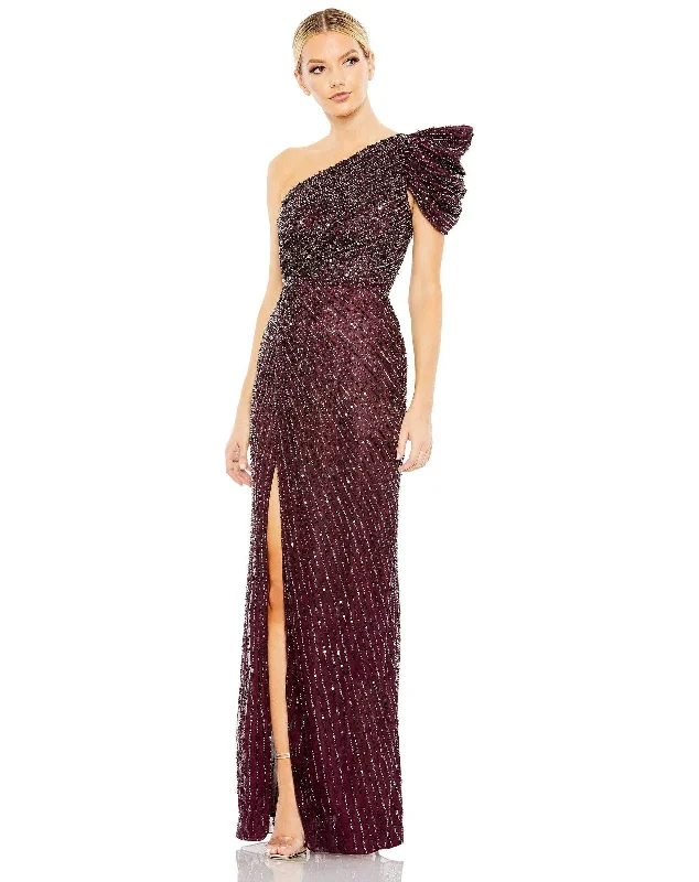 Wedding guest dresses with abstract prints and long trainsMac Duggal 5622 Prom Long One Shoulder Formal Gown