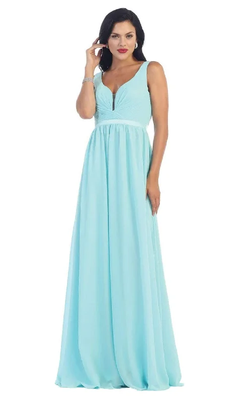 Wedding guest dresses with belted waists and knee - length skirtsMay Queen - MQ1225 Sleeveless Illusion Plunging A-Line Gown