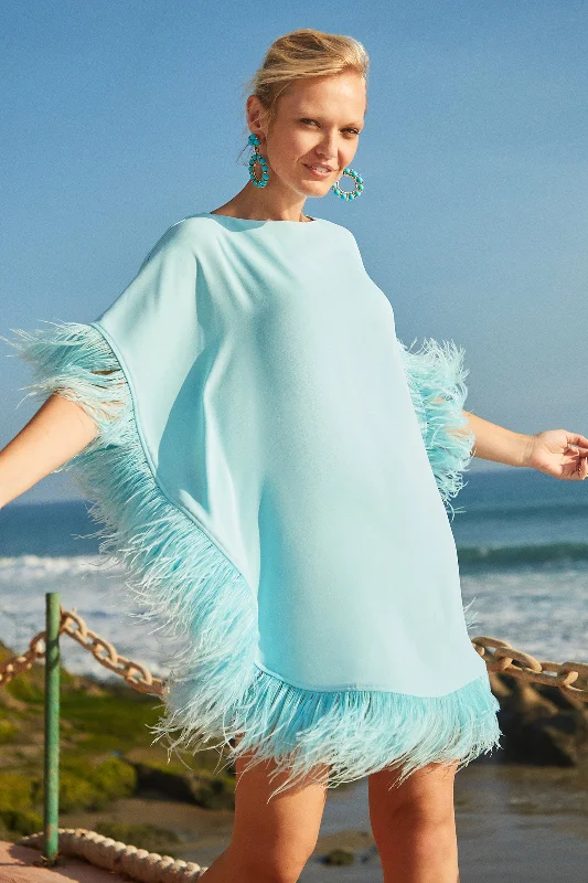 Mini dresses with off - the - shoulder stylesMini Neena Boatneck Caftan Dress With Feather Trim Mini dresses with off - the - shoulder stylesMini Neena Boatneck Caftan Dress With Feather Trim