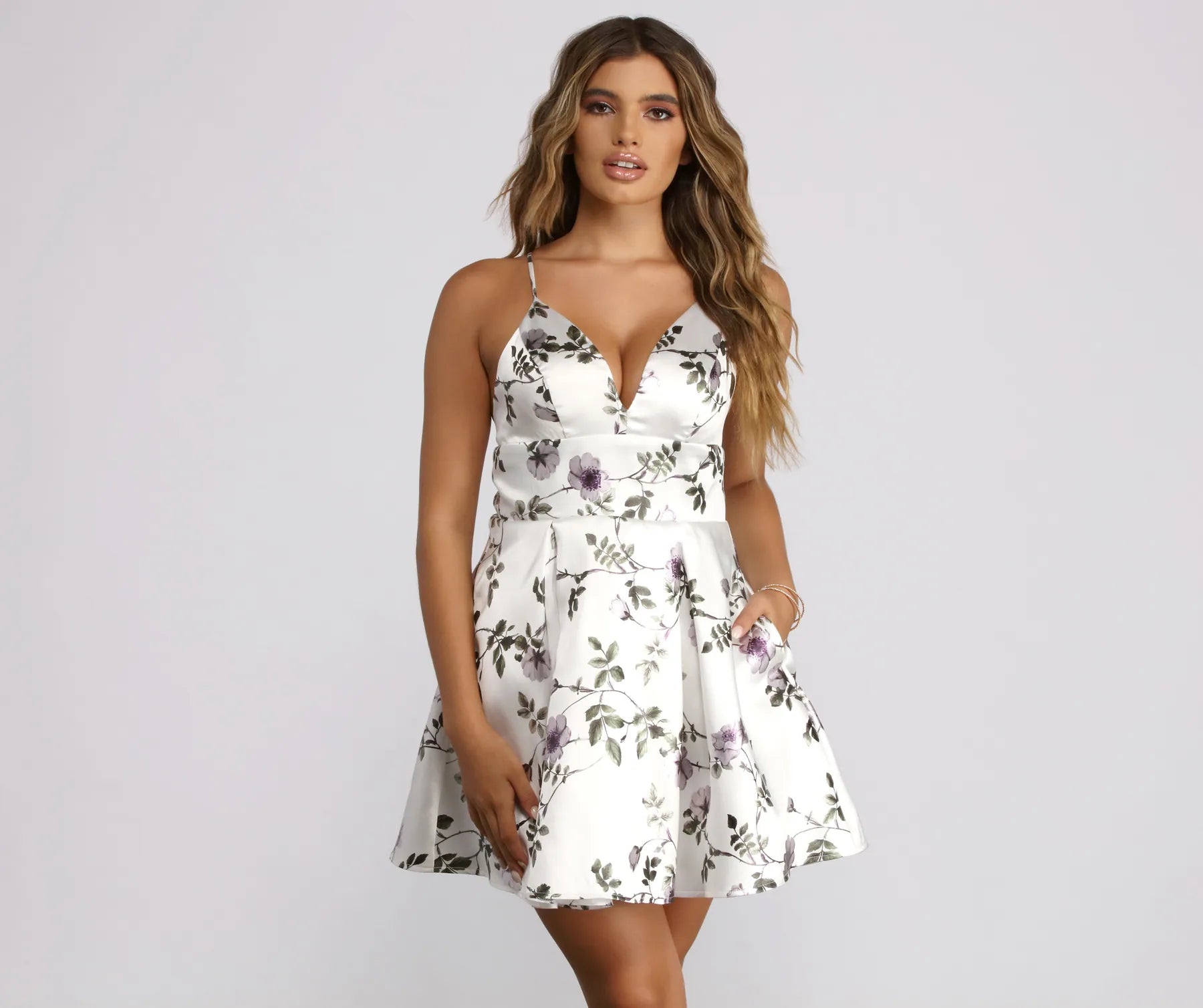 Polyester mini dresses for easy careMolly Formal Foiled Floral Satin Party Dress