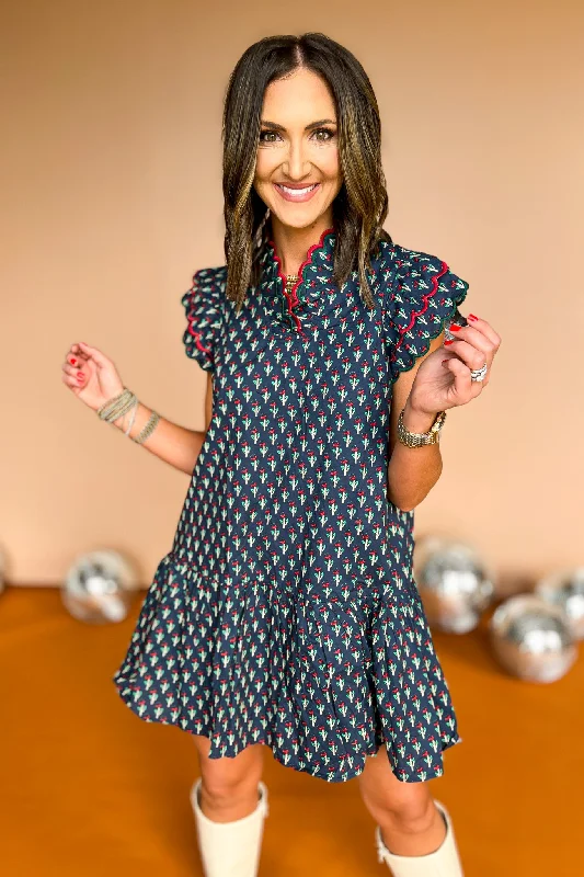 Mini dresses with cut - out details for a trendy lookNavy Floral Print Scallop Contrast Stitch Detail Dress Mini dresses with cut - out details for a trendy lookNavy Floral Print Scallop Contrast Stitch Detail Dress