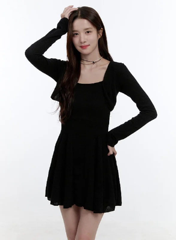 Mini dresses with cold - shoulder designsSolid Charm Mini Dress and Cardigan Set OO407 Mini dresses with cold - shoulder designsSolid Charm Mini Dress and Cardigan Set OO407