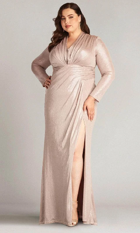 Long - sleeved wedding guest dresses in velvet for a winter weddingTadashi Shoji BSJ20807LQ - Imanie Empire Draped Lamé Gown - Plus Size Long - sleeved wedding guest dresses in velvet for a winter weddingTadashi Shoji BSJ20807LQ - Imanie Empire Draped Lamé Gown - Plus Size