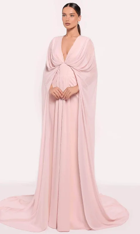 Mini wedding guest dresses with glittery accents for a trendy lookTarik Ediz 98885 - Drape Caped Evening Gown