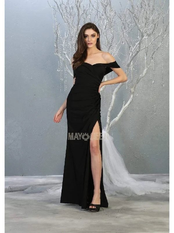 Prom dresses with cold - shoulder ruffled sleeves and floral prints for a romantic and fashionable styleMay Queen - MQ1825 Off-Shoulder Ruched Sheath Dress Prom dresses with cold - shoulder ruffled sleeves and floral prints for a romantic and fashionable styleMay Queen - MQ1825 Off-Shoulder Ruched Sheath Dress