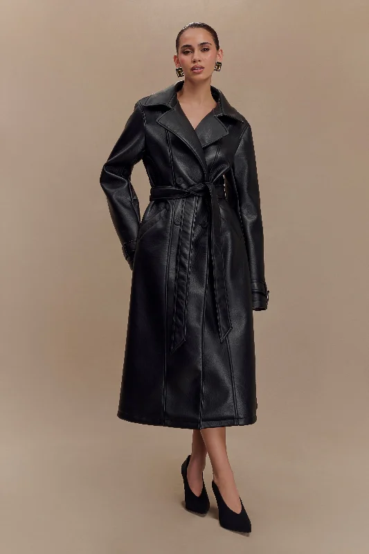 Women's longline double - breasted camel coats for a sophisticated lookTarah Faux Leather Trench Coat - Black Women's longline double - breasted camel coats for a sophisticated lookTarah Faux Leather Trench Coat - Black