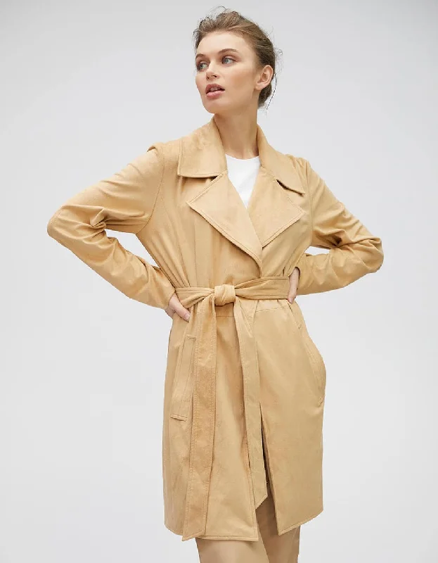 Quilted down women's coats with removable hoods for outdoor activitiesVegan Suede Stretch Belted Wrap Jacket