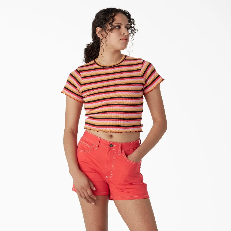 Distressed Women T Shirt with a Laid - Back AestheticWomen's Striped Cropped Baby T-Shirt, Orange Explorer Stripe Distressed Women T Shirt with a Laid - Back AestheticWomen's Striped Cropped Baby T-Shirt, Orange Explorer Stripe