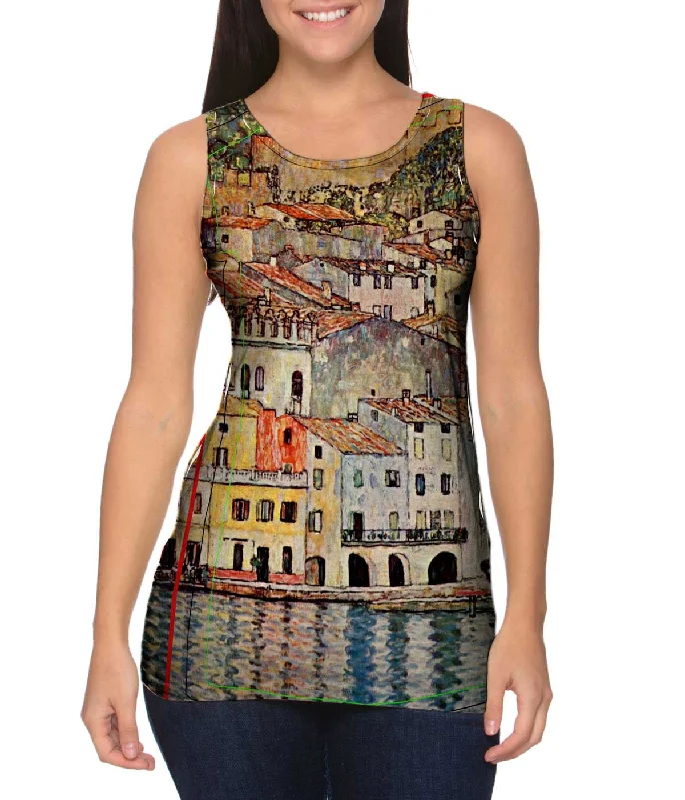 Plus Size Women's Glitter - Trimmed Tank Tops for Party NightsGustav Klimt -"Malcesine Lake Garda" (1913) Plus Size Women's Glitter - Trimmed Tank Tops for Party NightsGustav Klimt -"Malcesine Lake Garda" (1913)