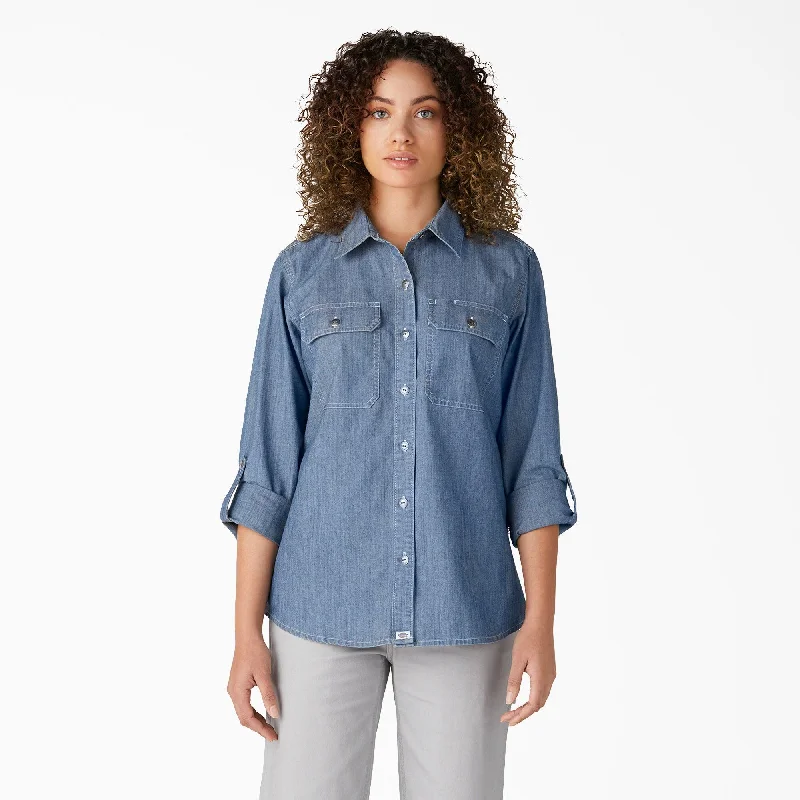 Organic Cotton Women T Shirt for Eco - Conscious WearersWomen’s Chambray Roll-Tab Work Shirt, Stonewashed Light Blue Organic Cotton Women T Shirt for Eco - Conscious WearersWomen’s Chambray Roll-Tab Work Shirt, Stonewashed Light Blue